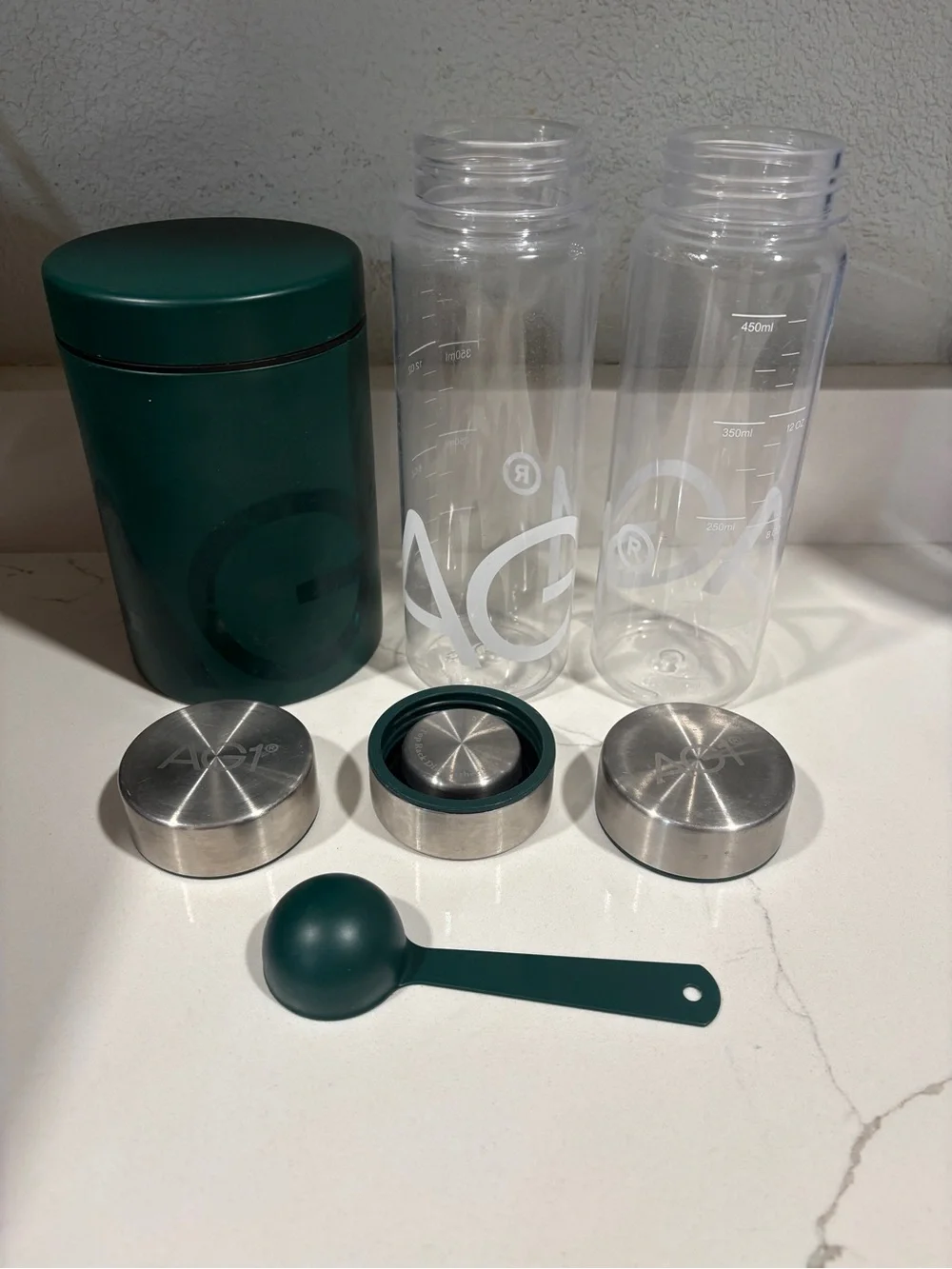 AG1 Canister Spoon 2 mixing containers 3 lids